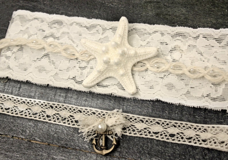 Nautical Anchor and Starfish Wedding Garter Lace and Twine Netting Navy Garter, Beach Wedding Accessory, Lace Garter Ocean Wedding Garter image 5