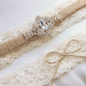 Burlap and Lace Garter w/ Diamond Rhinestone Bling, Western Wedding Garter Set, Country wedding garder belt, Burlap Garter bridal lingerie