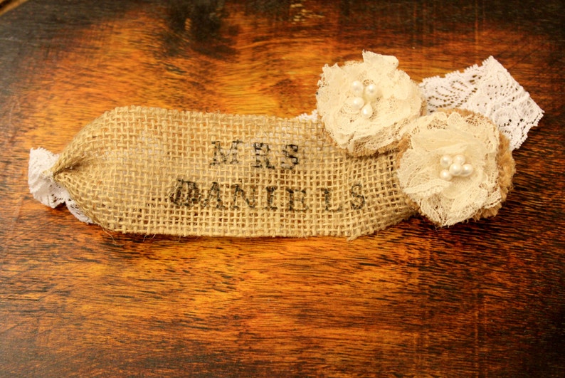 Western Burlap Garter Custom Personalized Last Name Garter Monogrammed Country / Rustic Vintage Wedding, Western Wedding Bridal Garter image 4