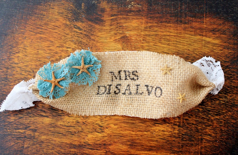 Nautical Starfish Burlap Garter Custom Personalized Last Name Garter Monogrammed Vintage Ocean Beach Wedding Garter Marine blue, teal image 5