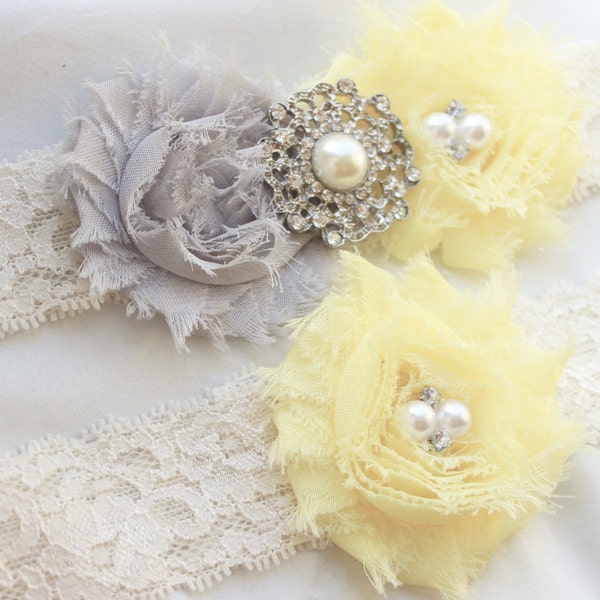 Wedding Garter Set Grey & Yellow 35+ Colors- Ivory Lace Bridal Garter Plus size garder, Wedding Accessories, Pearl Wedding Garter Set