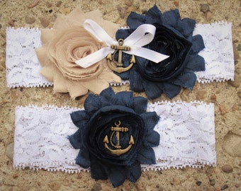 Marine / Navy Wedding Garter w/ Anchor Blue and Gold -  Marine Military Garter Set, military wedding garter, Nautical wedding, lace garter