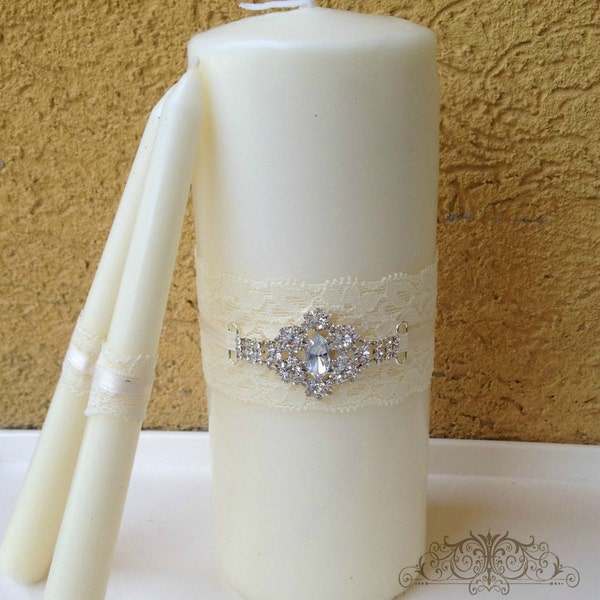 Wedding Unity Candles white OR ivory - White Unity Candle W/ Rhinestone unity candle set with lace, ribbons and bling, candles for wedding