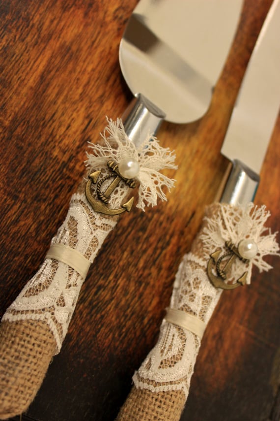 Nautical Anchor Wedding Cake Server and Knife, Burlap & Lace Wedding Cake Cutter, Wedding cake cutter, Ivory lace and ribbon, Burlap wedding