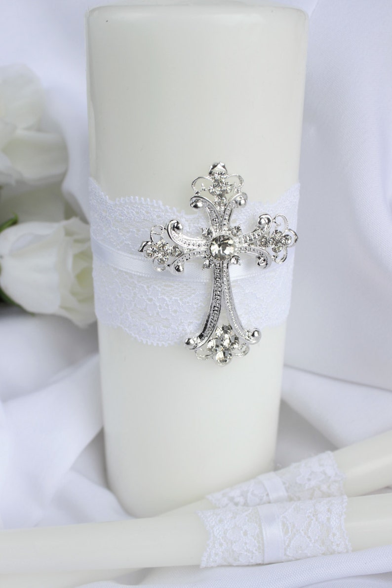 Unity Candle Set Gold Cross Candle Set, Church Wedding Unity Candles for Wedding, Lace Unity Candle Set Gold Wedding Cross Christian Wedding image 4