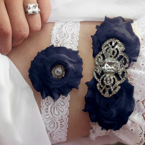 Navy Blue Garter w/ White Lace Wedding Garter With Bling Something Blue Wedding Garder Set, Plus Size Garter, Wedding Accessories image 1