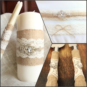 Burlap Wedding SET of 3 Cake Server and Knife, Unity Candles, Garter Set - Burlap and Lace Wedding Cake Cutter, Unity candle set, Garters