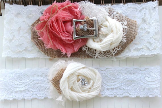 Coral Garter w/ Burlap, Western Wedding Garter, Burlap and Lace Garter - Burlap Garter Set - Rustic Wedding Wedding Garter Plus Size Garters