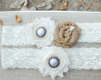 Something Blue Burlap and Lace Western Wedding Garter Set  display picture 2