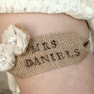 Western Burlap Garter Custom Personalized Last Name Garter Monogrammed Country / Rustic Vintage Wedding, Western Wedding Bridal Garter image 5