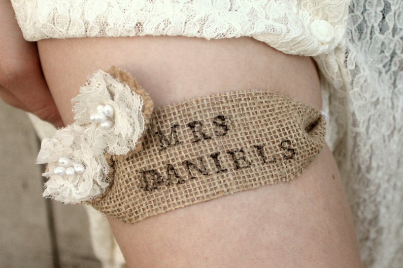 Western Burlap Garter Custom Personalized Last Name Garter Monogrammed Country / Rustic Vintage Wedding, Western Wedding Bridal Garter image 5