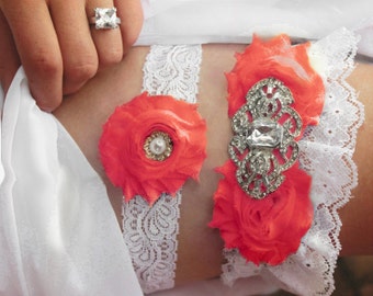 Coral Garter - White Lace Wedding Garter w/ Bling - Coral & Navy Wedding Garder Set, Plus Size Garter, Wedding Accessories, Bridal Lingerie,