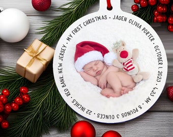 Personalized Baby's First Christmas Photo Ornament: Birth Stats Keepsake