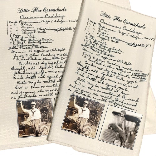 Linge à vaisselle avec recette manuscrite : souvenir personnalisé