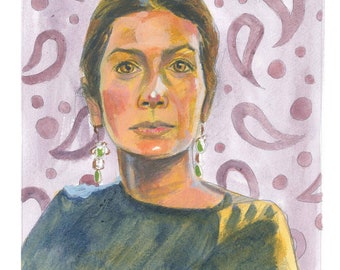 Portrait de Jhumpa Lahiri. Peinture originale. 10x10. Acrylique sur papier mixte.