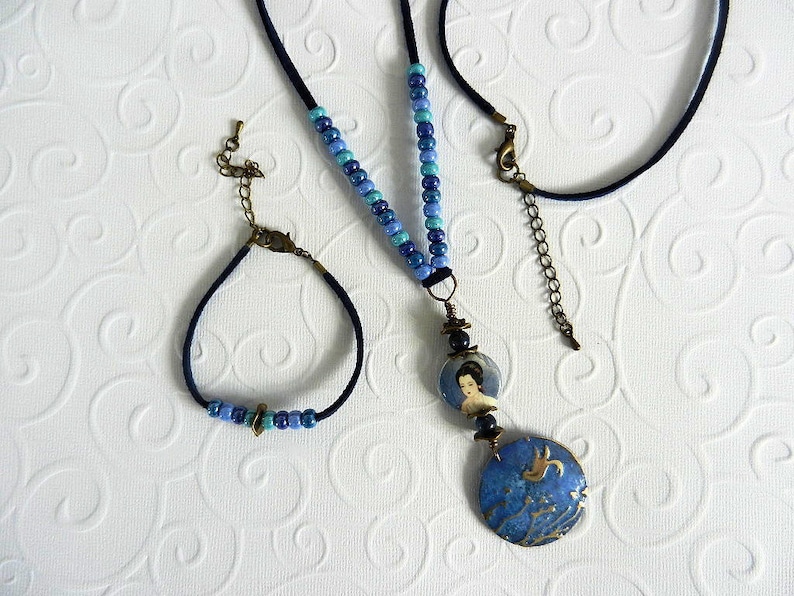 decorated brass pendant glass beads Pearl China Japan Japanese inspired blue necklace