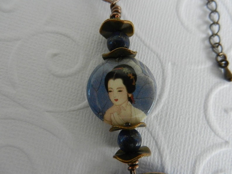 decorated brass pendant glass beads Pearl China Japan Japanese inspired blue necklace