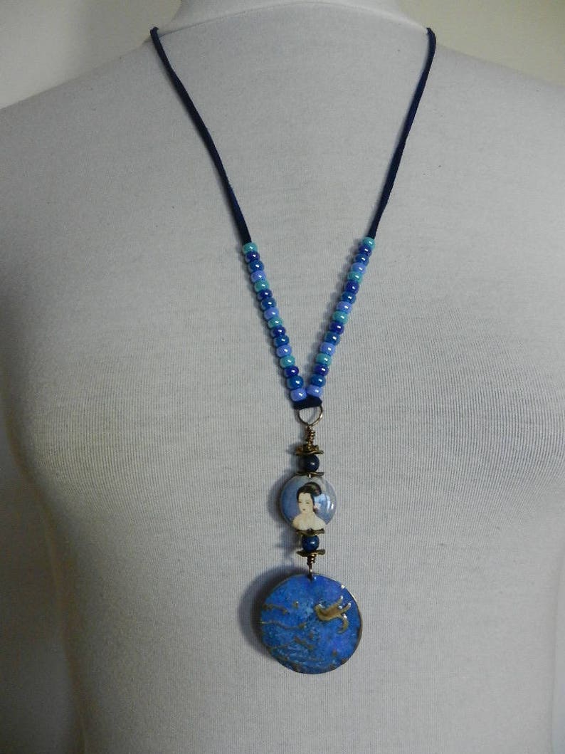 decorated brass pendant glass beads Pearl China Japan Japanese inspired blue necklace
