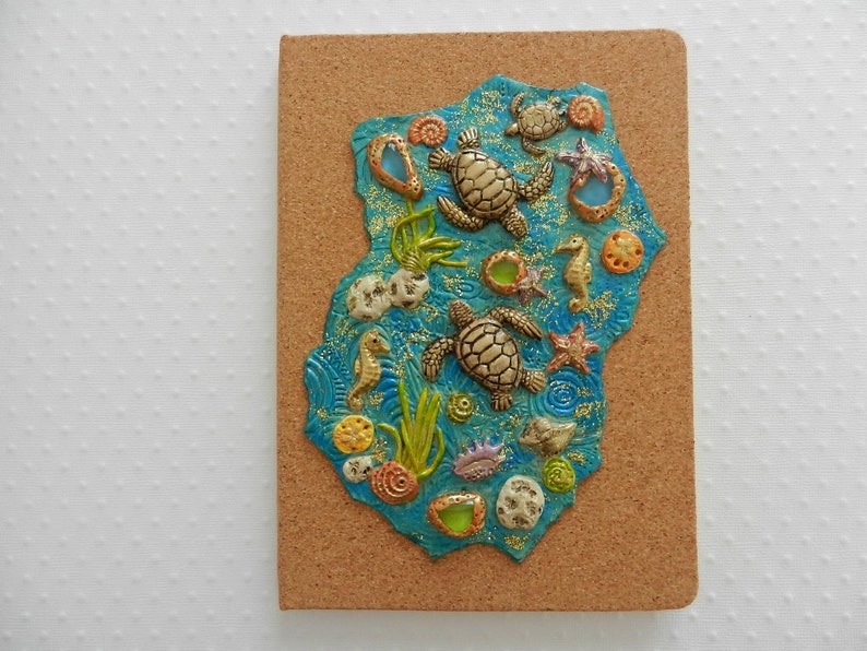 Sketchbook with Cork and sea spirit polymer clay cover JOURNAL