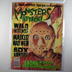 May include: A comic book cover titled "Monsters Attack!" features a drawing of a hockey mask-wearing figure with a knife. The cover includes the text "Weirder Tales of Horror!" and the words "Wild Werewolf, Masked Mad Men, Boy, Vampire".