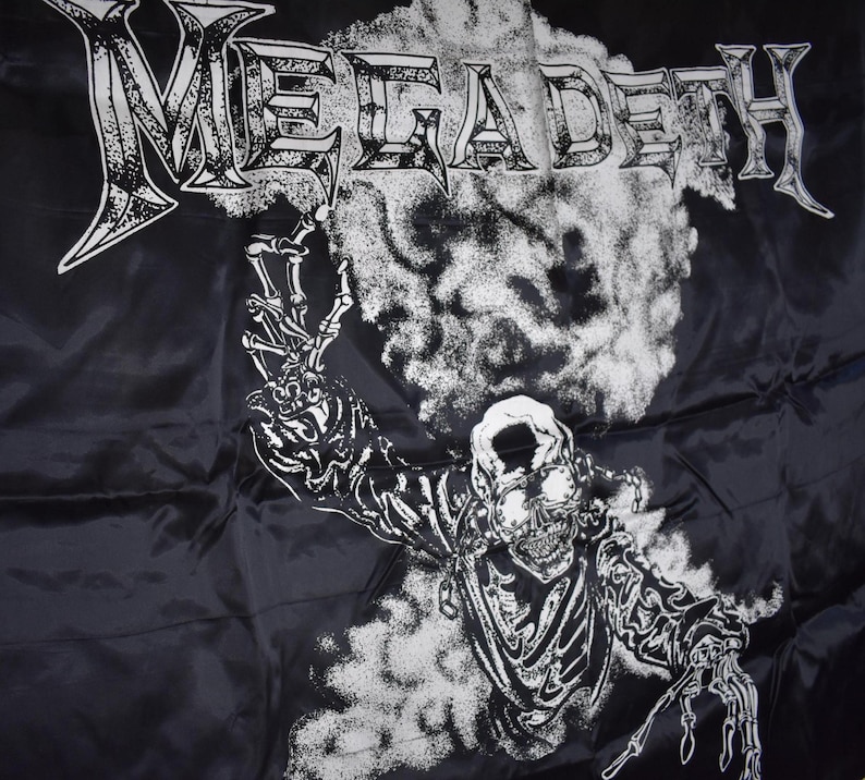 Megadeth Lettering 1980's Megadeth - Vic White Screen Print on Black Artificial Silk ...