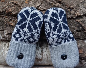 Warm Sweater Mittens | Gray and Navy Nordic | Women's Mittens Recycled from Sweaters | Upcycled Gifts for Her | Minnesota Made