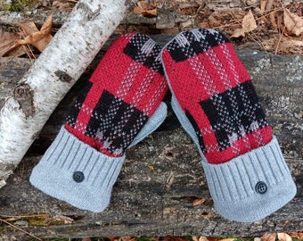 Cozy Sweater Mittens | Red, Gray and Black Plaid | Unique Women's Mittens Recycled from Sweaters | Upcycled Gifts for Her | Minnesota Made