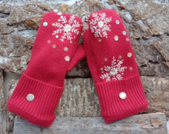 Warm Upcycled Sweater Mittens: Women's red with sequin snowflakes ,  fleece Lined Winter, Minnesota Made