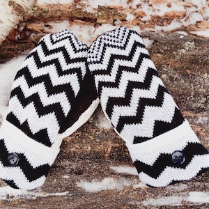 Warm Sweater Mittens | Black and white chevron | Women's Mittens Recycled from Sweaters | Upcycled Gifts for Her | Minnesota Made