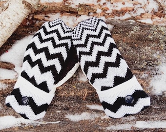 Warm Sweater Mittens | Black and white chevron | Women's Mittens Recycled from Sweaters | Upcycled Gifts for Her | Minnesota Made