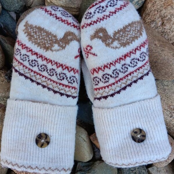 Cozy Sweater Mittens | Duck design on cream | Women's Mittens Recycled from Sweaters | Upcycled Gifts for Her | Minnesota Made