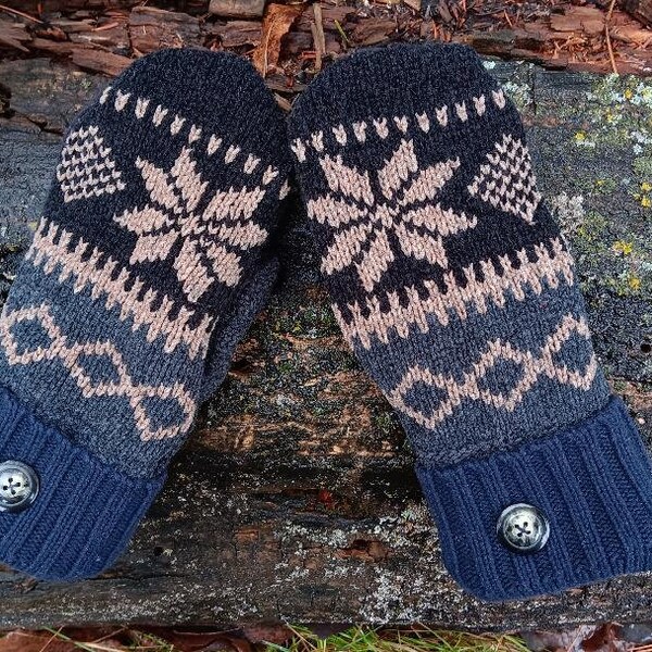 Warm Sweater Mittens | Dark blue and tan Nordic  | Unique Women's Mittens Recycled from Sweaters | Upcycled Gifts for Her | Minnesota Made