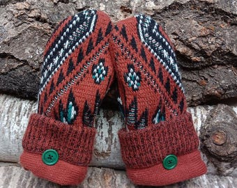Cozy Sweater Mittens | Brown, white and green | Women's Mittens Recycled from Sweaters | Upcycled Gifts for Her | Minnesota Made