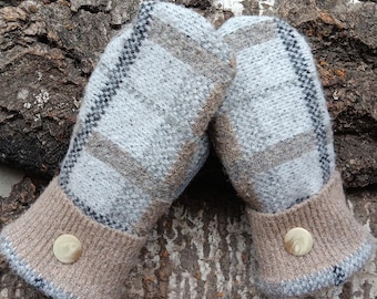 Cozy Sweater Mittens | Neutral plaids l Women's Mittens Recycled from Sweaters | Upcycled Gifts for Her | Minnesota Made