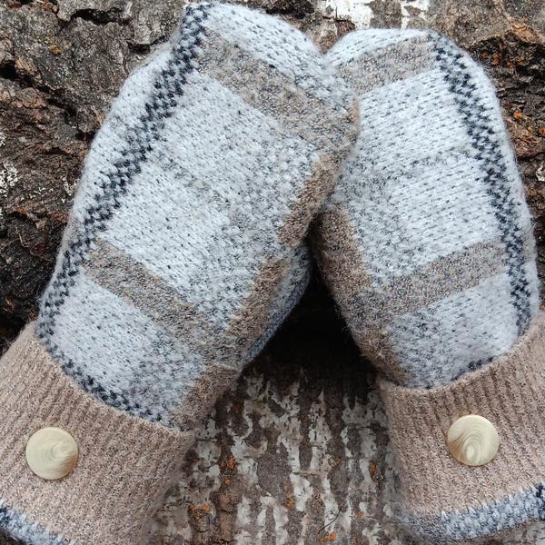 Cozy Sweater Mittens | Neutral plaids l Women's Mittens Recycled from Sweaters | Upcycled Gifts for Her | Minnesota Made