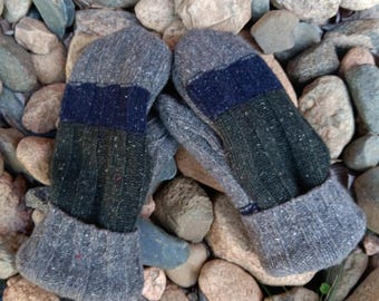 Men or Unisex Wool Large Mittens | Gray, Navy and Green | Mittens Recycled from Sweaters | Upcycled Gifts for Him | Minnesota Made