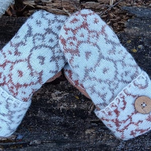 Cozy Sweater Mittens Brown Abstract Floral Unique Women's Mittens Recycled from Sweaters Upcycled Gifts for Her Minnesota Made image 1