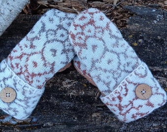 Cozy Sweater Mittens | Brown Abstract Floral | Unique Women's Mittens Recycled from Sweaters | Upcycled Gifts for Her | Minnesota Made