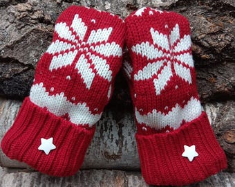 Warm Sweater Mittens | Red and White Nordic | Unique Women's Mittens Recycled from Sweaters | Upcycled Gifts for Her | Minnesota Made