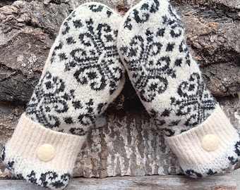 Upcycled Sweater Mittens: Damask print black and tan, fleece Lined