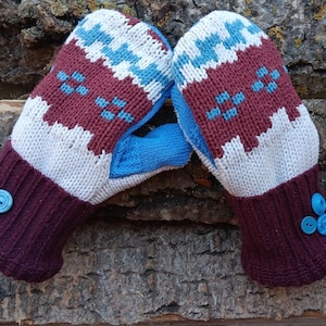 Warm Sweater Mittens, white with maroon and blue design, Women's Mittens Recycled from Sweaters, Upcycled Gifts for Her; Minnesota Made