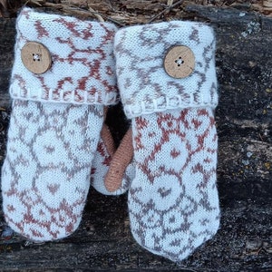 Cozy Sweater Mittens Brown Abstract Floral Unique Women's Mittens Recycled from Sweaters Upcycled Gifts for Her Minnesota Made image 3