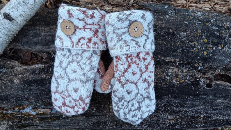 Cozy Sweater Mittens Brown Abstract Floral Unique Women's Mittens Recycled from Sweaters Upcycled Gifts for Her Minnesota Made image 3