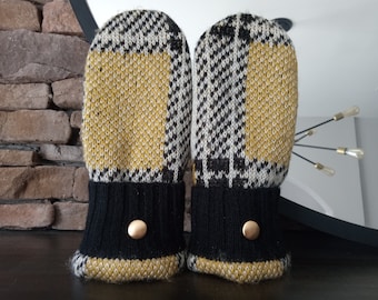 Cozy Sweater Mittens | Black and Gold Plaid | Women's Mittens Recycled from Sweaters | Upcycled Gifts for Her | Minnesota Made