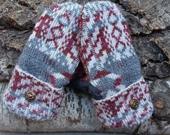 Warm Sweater Mittens | Gray and Wine color | Unique Women's Mittens Recycled from Sweaters | Upcycled Gifts for Her | Minnesota Made