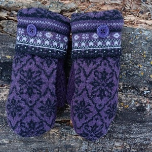 Warm Sweater Mittens Purple and Black Nordic Unique Women's Mittens Recycled from Sweaters Upcycled Gifts for Her Minnesota Made image 3