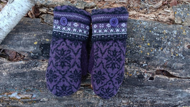 Warm Sweater Mittens Purple and Black Nordic Unique Women's Mittens Recycled from Sweaters Upcycled Gifts for Her Minnesota Made image 3
