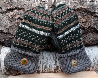 Warm Sweater Mittens | Dark Green Fair Isle | Women's Mittens Recycled from Sweaters | Upcycled Gifts for Her | Minnesota Made