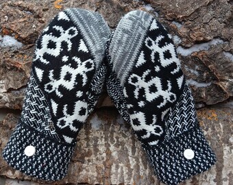 Cozy Sweater Mittens: Black and white, Recycled Fleece Lined, Minnesota Made