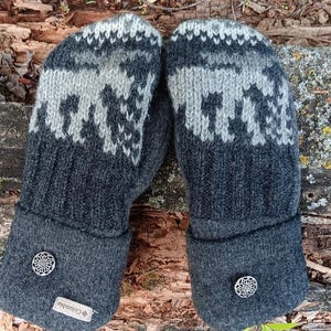 Warm Wool Sweater Mittens | Gray Moose |Unique Women&#39;s Mittens Recycled from Sweaters | Upcycled Gifts for Her | Minnesota Made